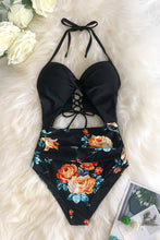 Lade das Bild in den Galerie-Viewer, Schwarzer Neckholder Monokini Badeanzug mit Blumenmuster
