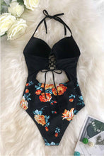 Lade das Bild in den Galerie-Viewer, Schwarzer Neckholder Monokini Badeanzug mit Blumenmuster
